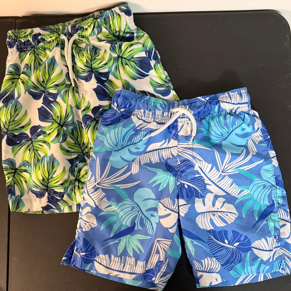 Childrens Place Sport Swim Trunks Kids Medium 7/8 Blue Green Good Tropical 2pk